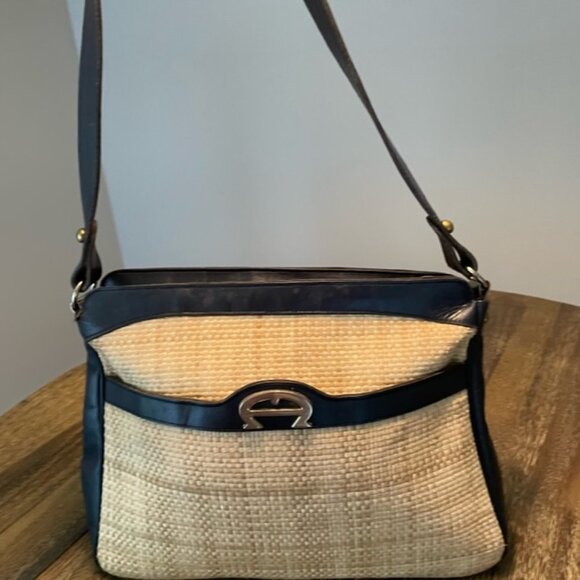 Eitenne Aigner Blue Leather and Woven Straw Purse - Picture 7 of 15